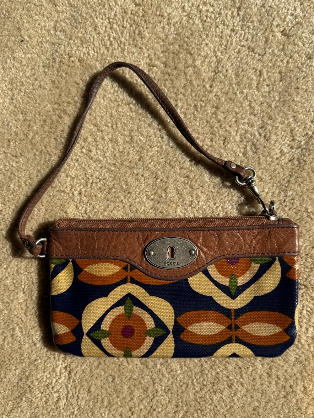 Fossil Navy, Brown & Cream Patterned Wristlet